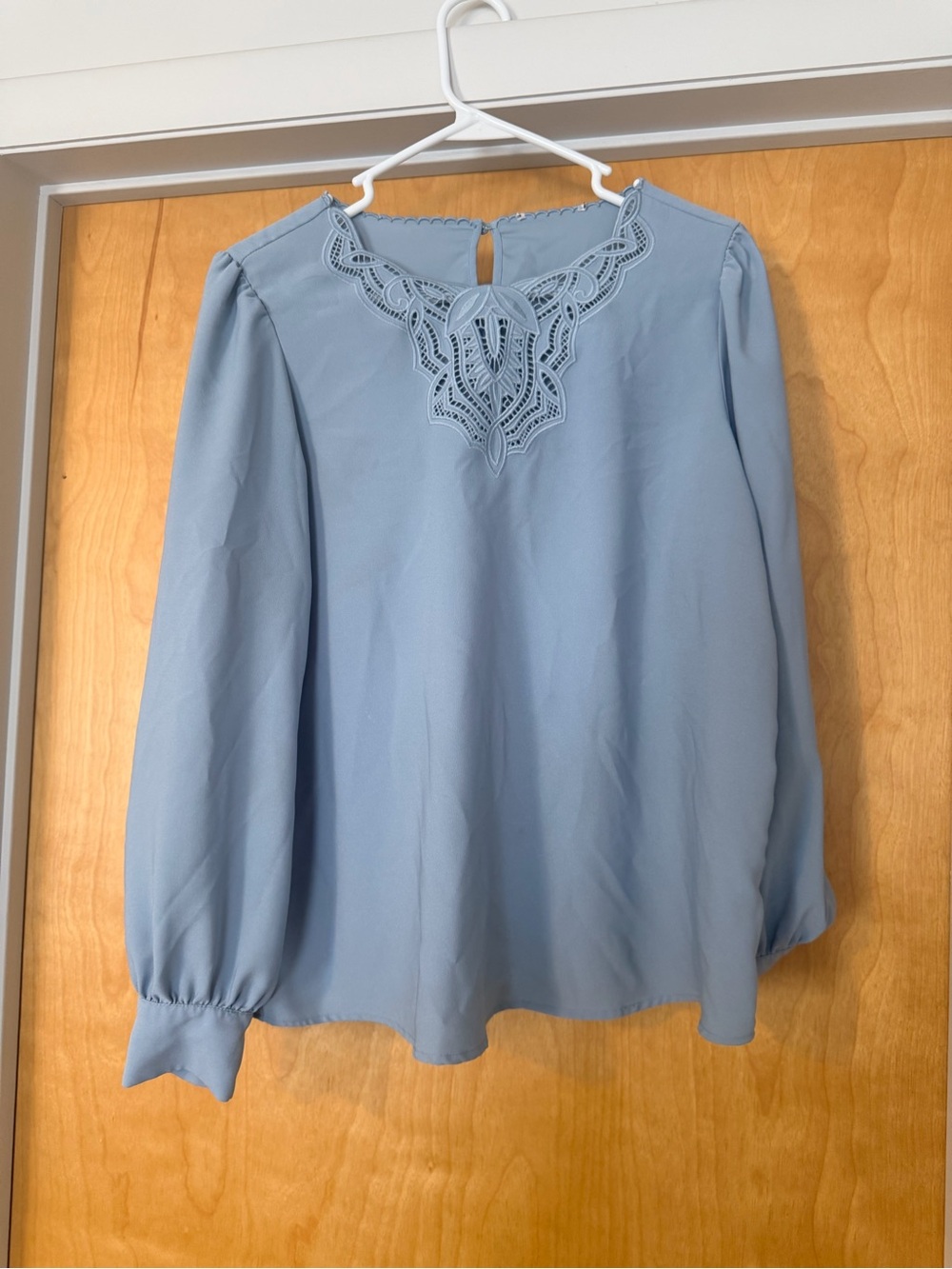 Emilia Light Blue Lace-Trim Long Sleeve Blouse
